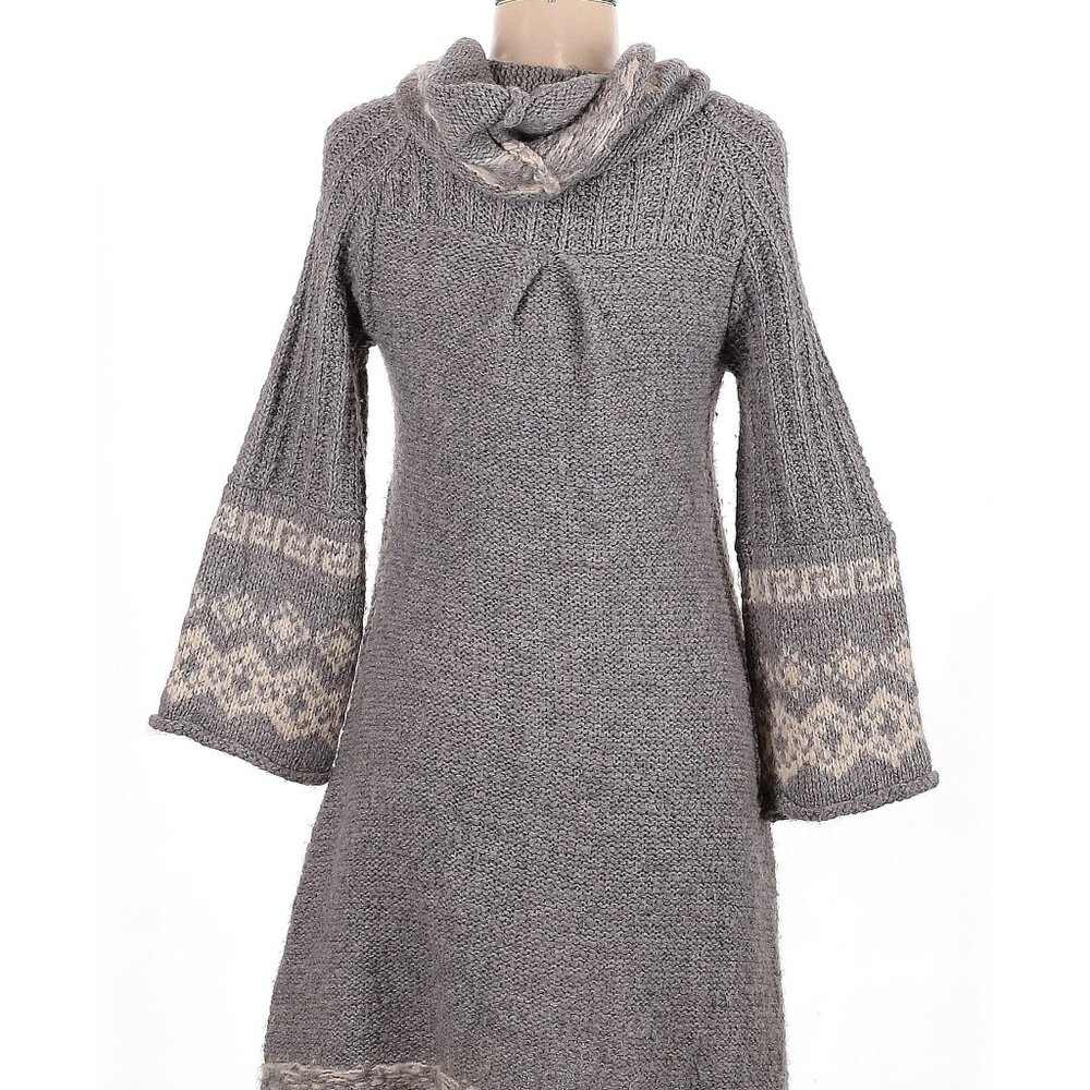 ๐งฃ Free People Hooded Knit Cardigan โ Gray & Cream Geometric Pattern โ Zip Front - Picture 2 of 6